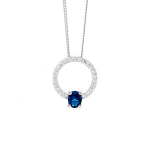 Sterling Silver Ellani White CZ 13mm Open Circle Pendant with London Blue CZ #24344