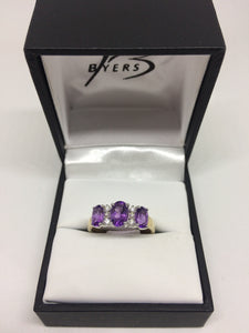 9ct Yellow Gold Amethyst and Diamond 9 Stone Dress Ring #