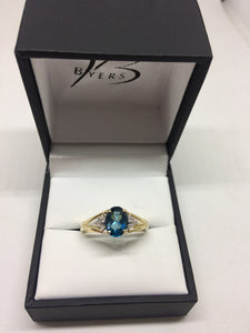 9ct Yellow Gold Oval London Blue Topaz & Diamond Ring #23132